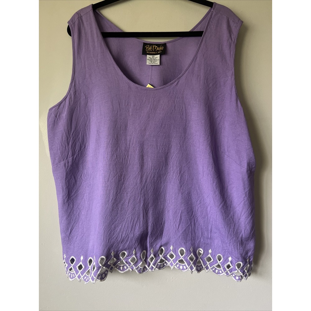 NWT Bob Mackie Linen Blend Tank Top Purple White Embroidered Cutout Hem Size 2X